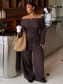 Muchica Plus Size Textured Cold Shoulder Long Sleeve Top And Drawstring Waist Pants 2 Pieces Set - Brown - View 4