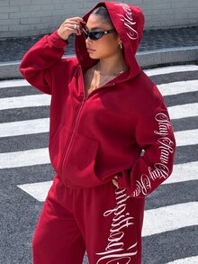 Muchica Plus Size Women's Letter Print Zip-Up Hoodie And Sweatpants Casual 2 Pieces Set - Burgundy - View 5