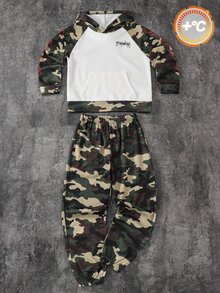 SHEIN 兒童青少年男孩休閒嘻哈風迷彩圖案白色連帽衛衣與迷彩長褲Y2K套裝，適合秋冬、學校、家庭聚會、度假、派對，秋季穿搭、冬季穿搭，男孩兒童套裝 - 彩色 - 查看 4