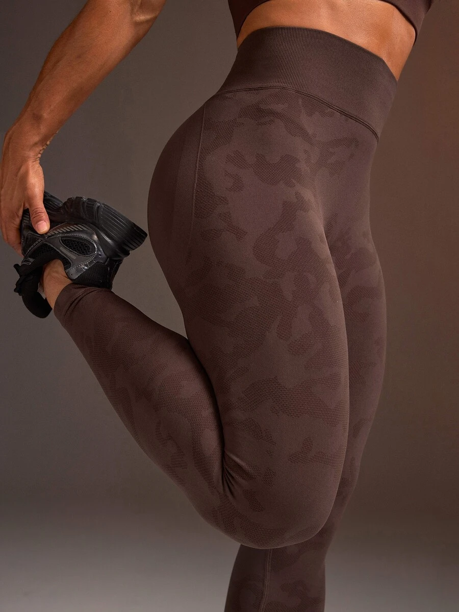 Powerista Women's Seamless Textured Leggings Scrunched Butt Lifting High Waist Yoga Pants For Gym Summer Complemented By A Camouflage Pattern Texture. - Brown - View 1