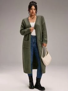 SHEIN BASICS 大尺碼女款純色落肩長袖口袋針織開襟毛衣 冬季 - 綠色 - 查看 3