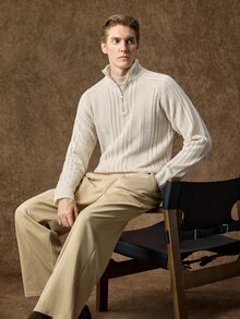 Manfinity CityGents 男士拉鍊半開襟落肩長袖針織衫，Ins風，華麗派對，街頭成熟，寬鬆版型，黑色秋季，正式，老錢風 - 米色 - 查看 6