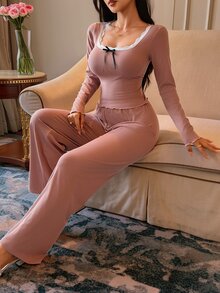 DAZY Women's Contrast Lace Bow Decor Long Sleeve Top And Long Pants Pajama Set - Dusty Pink - View 3