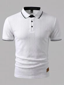 Manfinity Homme 男士針織紋理對比飾邊平領與袖口 3D 提花 POLO 衫，極簡白色皮革貼片裝飾，商務休閒通勤短袖上衣，適合年輕與中年男性 - 白色 - 查看 3