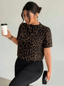 Firerie Casual Retro Leopard Print Fabric Plus Size Short Sleeve Shirt - Multicolor - View 3