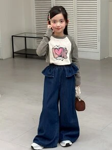 Dazy Kids Tween Girl) Straight Leg Casual Washed Denim Jeans With Frill Trim And Patchwork Design, Autumn/Winter - Blue - View 4