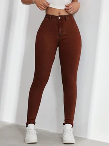 SHEIN ICON 大尺碼女款休閒舒適淺藍色彈性牛仔褲 - 棕色 - 查看 9
