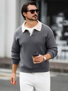 Marcello Vane 歐美新博主風時尚設計成熟休閒男士拼色翻領 Polo 休閒針織上衣，深灰色，適合辦公工作，秋季 - 灰色 - 查看 4