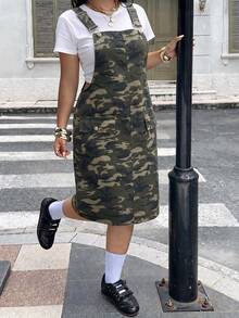 Rivivi Plus Size Women's Camouflage Casual Versatile Washed Denim Overall Dress - Multicolor - View 4