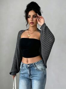 Elenzga Damen Off-White leichte Cut Out Fledermaus-Ärmel Strick-Cardigan, weich hautfreundlich Sommer lässig Alltag vielseitig für Urlaub, Party, Arbeit - Dunkelgrau - Übersicht 6