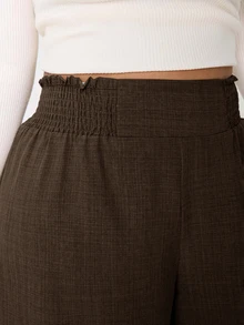 SHEIN CURVE+ Plus Size Women Solid Color Shirred Waist Wide Leg Loose Pants Fall - Coffee Brown - View 4
