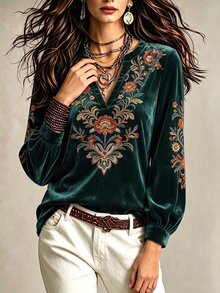 Glimmora Women's Floral Print Notch V-Neck Long Sleeve T-Shirt - Dark Green - View 3