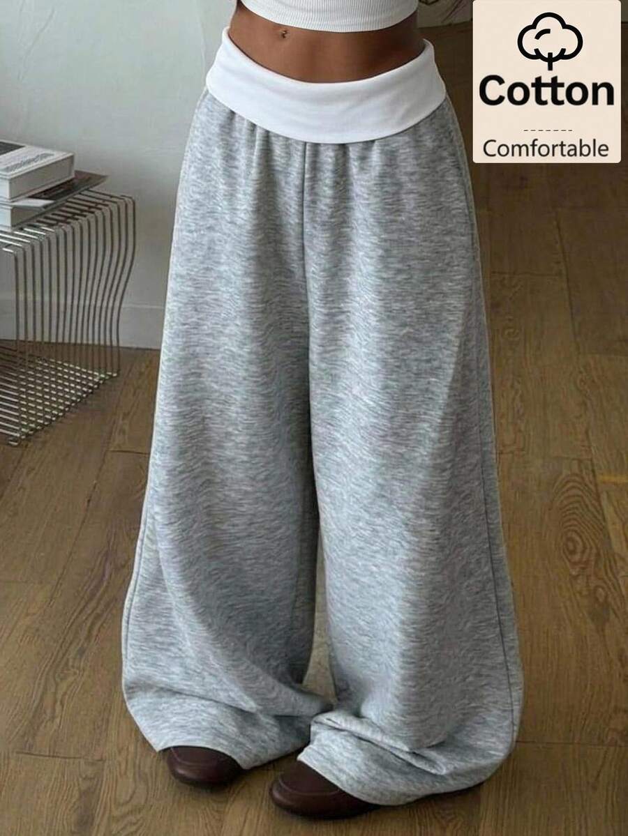 SHEIN Tween Girls Sweatpants, Comfortable Kids Colorblock Pleated Casual Wide Leg Sports Pants, Versatile For Daily Wear, Autumn/Winter - Grey - View 1