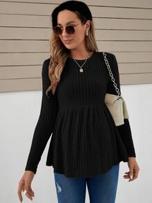 SHEIN Kaos Hamil Kasual Warna Polos dengan Hiasan Ruffle di Bagian Bawah, Bahan Rajut, Lengan Panjang, Motif Piala Dunia Musim Gugur - Hitam - View 5