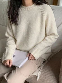 DAZY 女款素色插肩袖長袖休閒商務套頭毛衣，秋季長袖上衣，秋季女裝 - 白色 - 查看 3