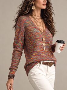 Trelyra European & American Vintage Colorful Yarn V-Neck Knitted Sweater, Versatile Casual Long Sleeve Color-Block Pullover Base Layer Top, Daily Commute Autumn/Winter - Multicolor - View 7