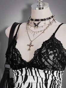 SHEIN ICON 大尺碼女款蕾絲拼接荷葉邊蝴蝶結裝飾印花背心，嘻哈風 - 黑與白 - 查看 7