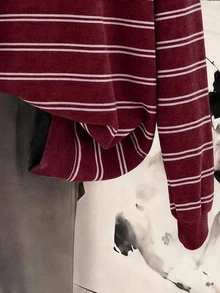SHEIN LUNE Women's Casual Round Neck Loose Sweatshirt, Burgundy Washed Effect Striped Sweatshirt, Women's Autumn/Winter Clothing - White - View 5