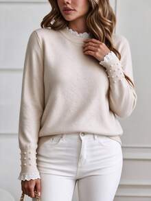 SHEIN LUNE CURVE Beige Lace Patchwork Knit Sweater . Pearl Cuffs . Ruffle Collar . Slimming Versatile Plus Size Pullover - Apricot - View 5
