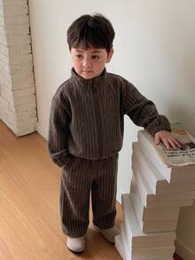 Dazy Kids Baby Boy) Striped Long Sleeve Jacket & Long Pants Korean Style 2 Pieces Set Toddler Fall - Coffee Brown - View 6