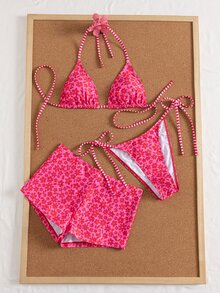 SHEIN SunnyBelle 女款休閒度假海灘派對優雅掛脖比基尼泳褲3件式泳衣套裝新款 - 玫紅色 - 查看 5