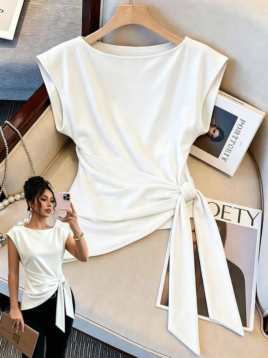 Resyla Asymmetrical Hem Round Neck Dolman Sleeve Top - White - View 1