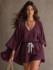 Solivie 3 Pieces Linen Women's Solid Color Camisole Top, Shorts And Robe Casual Everyday Set - Burgundy - View 6
