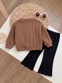 SHEIN Baby Girl 3D Floral Decor Long Sleeve Single-Breasted Jacket And Flare Pants Casual Set - Brown - View 2