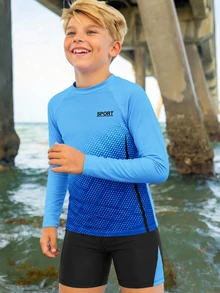 SHEIN Tween Boy Casual Fitted Kids Game Glow-In-The-Dark Pattern Tankini 2 Pieces Swimsuit, Suitable For Spring/Summer, Beach Vacation Playful Pals Modest - Blue - View 5