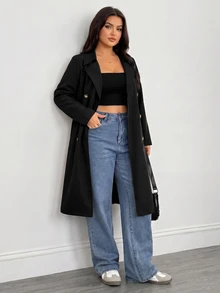 SHEIN PETITE CURVE 大尺碼女款純色雙排扣長袖百搭風衣外套 秋季 - 黑色 - 查看 5