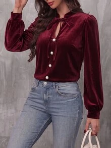 EMERY ROSE 女款布料小立領V領寬鬆長袖襯衫，優雅高端職場穿搭，正式會議場合服裝，返校季教師節穿搭，秋季新品必備時尚單品，小眾設計百搭風格，女款長袖襯衫 - 中紫紅色 - 查看 3
