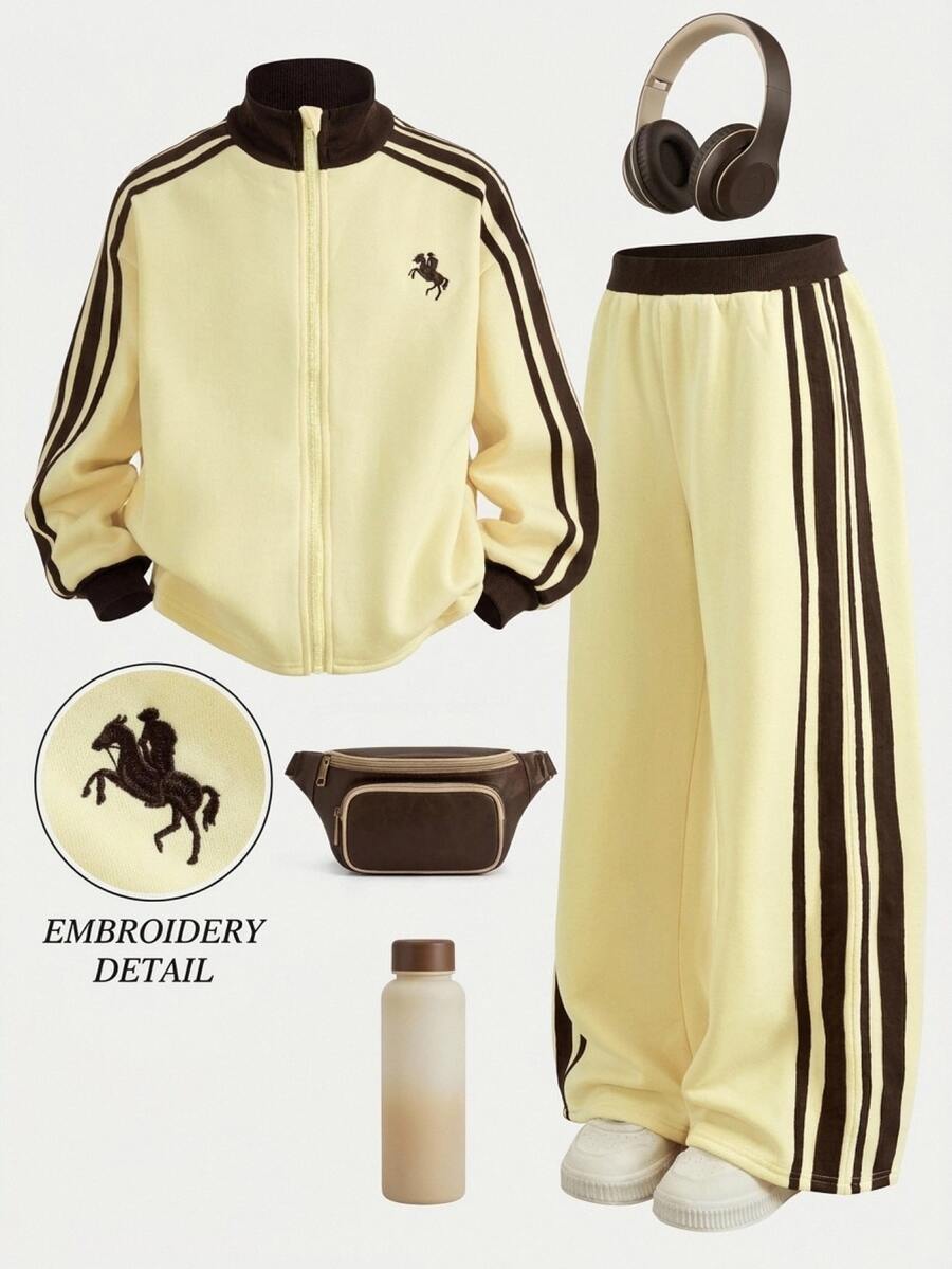 Girlism Setelan Kasual 2 Potong Jaket dan Celana Rajut Warna Kuning Pucat untuk Anak Perempuan Remaja - MultiWarna - View 1