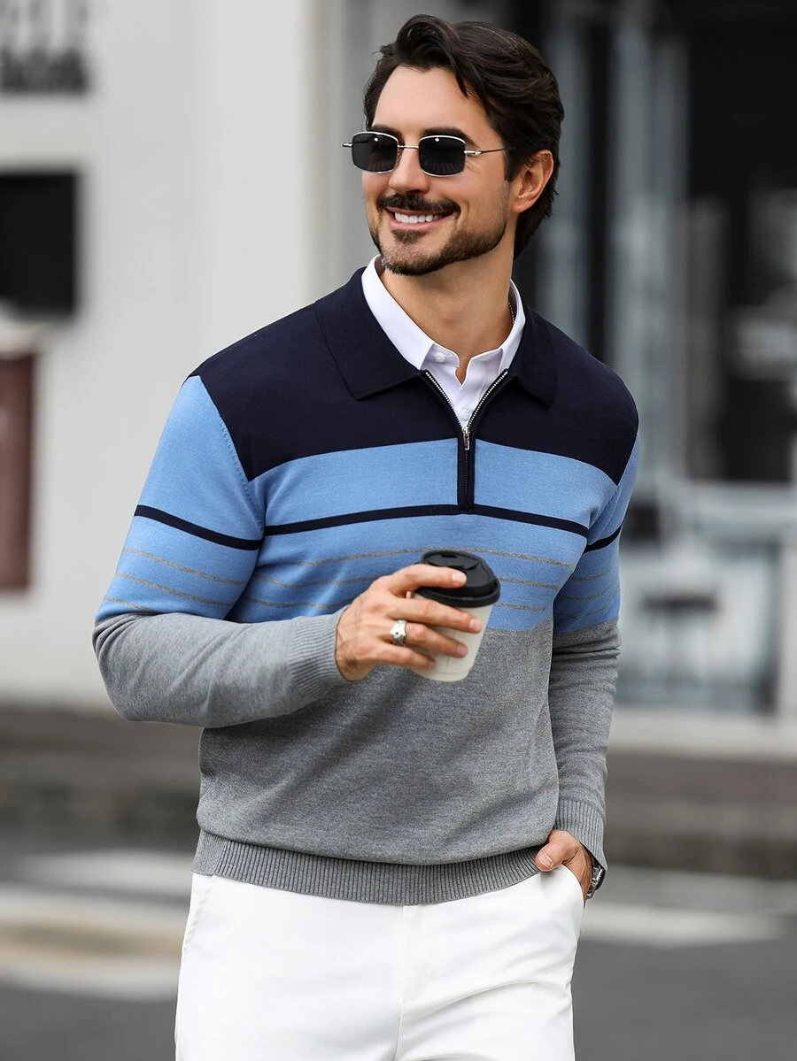 Marcello Vane 男士秋冬條紋拉鍊半開襟長袖針織衫,Ins風,魅力派對,街頭成熟,寬鬆版型,正式 - 彩色 - 查看 1