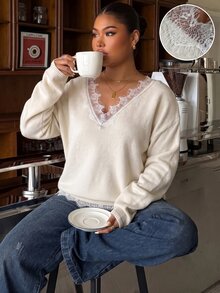 Muchica Plus Size Women's Contrast Lace V-Neck Drop Shoulder Long Sleeve Fashion Pullover Sweater - Apricot - View 4