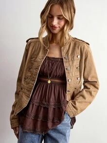 Willow Rêve Blus Renda Berkerut Manis untuk Liburan Wanita, Cocok untuk Kencan - Coklat - View 4