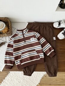 SHEIN Little Byeori 兒童 2件組小男孩休閒套裝－立領套頭連帽衛衣與保暖內裡秋季長褲，適合冬季、學校、返校穿著，舒適套裝 - 彩色 - 查看 4