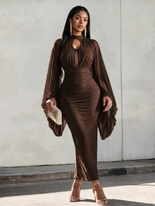 Eryvara Women's Solid Color Pleated Elegant Waist-Cinching Party Long Dress - Brown - View 6