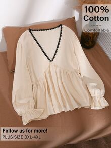 CosyJoli Plus Size Women's Colorblock V-Neck Pleated Casual Daily Blouse - Apricot - View 1