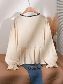 CosyJoli Plus Size Women's Colorblock V-Neck Pleated Casual Daily Blouse - Apricot - View 2
