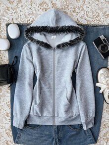 Tween女孩休閒運動灰色小馬刺繡裝飾連帽開襟衛衣，秋冬款 - 灰色 - 查看 1