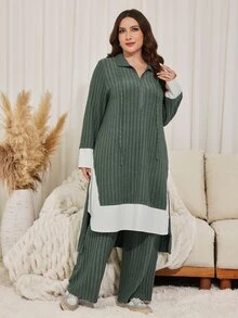 Lacomfia Plus Size Women's Colorblock Zipper Half-Placket Long Sleeve Long Top And Wide Leg Pants Casual 2 Pieces Set - Olive Green - View 6