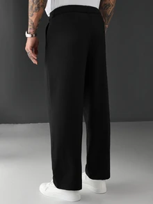 SLATEMANN Pantalones de traje rectos con diseño de botón en la cintura de unicolor para hombres de negocios - Negro - Ver 2