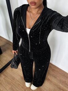 POPSWAY Plus Size Casual Rhinestone Hooded Sweatshirt & Pants 2 Pieces Set With Fur Patchwork, Autumn/Winter - Black - View 4
