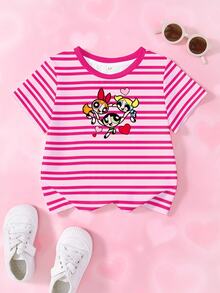 THE POWERPUFF GIRLS X SHEIN Young Girl Striped Cartoon Print Round Neck Short Sleeve Casual T-Shirt - White - View 1