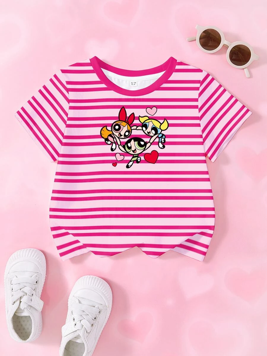 THE POWERPUFF GIRLS X SHEIN Young Girl Striped Cartoon Print Round Neck Short Sleeve Casual T-Shirt - White - View 1