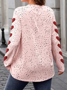 EMERY ROSE Plus Size Women Heart Pattern Print Round Neck Long Sleeve T-Shirt, Ladies Top - Multicolor - View 2