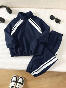 SHEIN 兒童小男孩休閒套裝 2件組，插肩袖長袖立領裝飾織帶半拉鍊夾克與彈性腰長褲 - 藏蓝色 - 查看 4