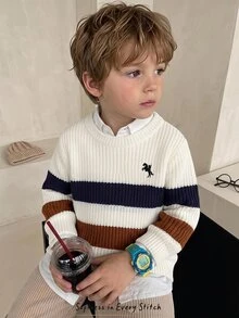 Cozy Pixies Young Boys Sweaters Autumn/Winter Thick Striped Knitted Pullover Sweater Long Sleeve Embroidered - Multicolor - View 4