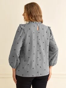 Écloséra Curve Plus Size Women's French Vintage Plaid Shirt, Woven Fabric, Ruffle Collar, Frill Trim, Embroidered Puff Long Sleeve Blouse - Black - View 2