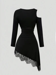 SHEIN Tall Winter Women's Lace Patchwork Metal Decor Pleated Short Summer Dress - Multicolor - View 2